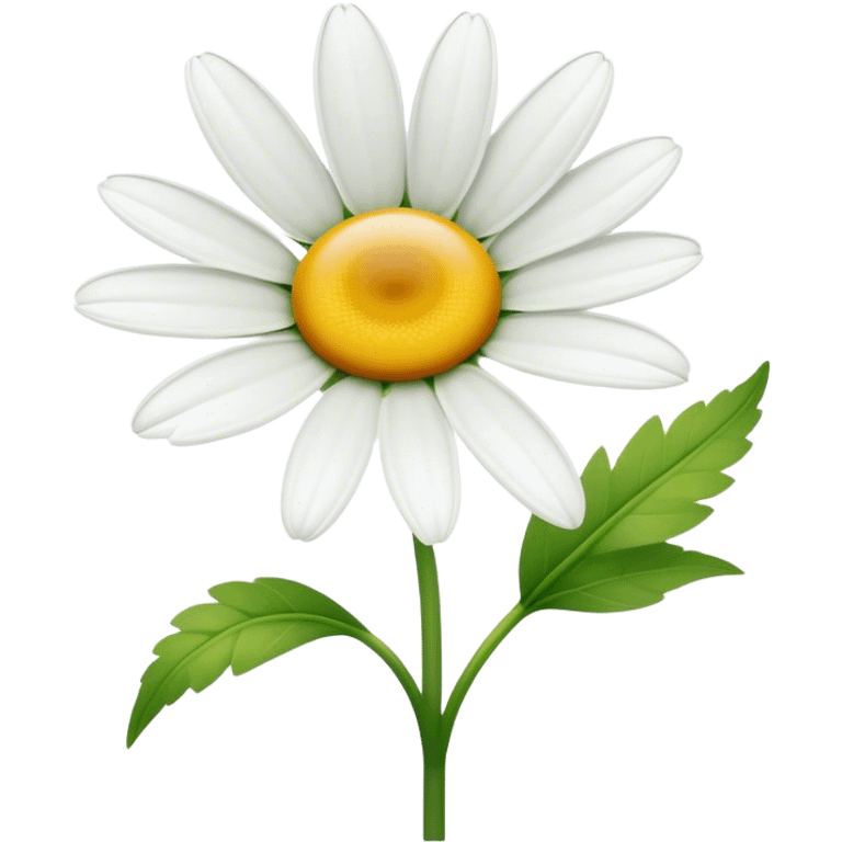 Cinematic Realistic Daisy Emoji, Cheerful and pure, with bright white petals surrounding a sunny yellow center, standing proudly atop a slender green stem. The soft, vibrant petals seem to radiate positivity, while a few green leaves frame the delicate flower. Soft glowing outline, capturing the essence of simplicity, innocence, and happiness in a single daisy. emoji