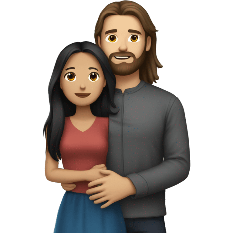 Beautiful white man with dark brown long hair with beard hugging a Filipino girl with brown skin and long straight black hair  emoji