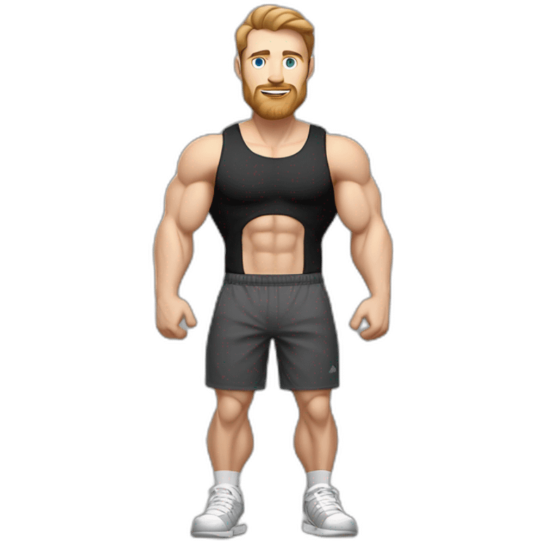 Full height Pale skinned fit man With biceps, Realistic eyes and mouth, light brown hair and stubble In dark gray sleeveless mike, black oversize sports shorts, watch and white sneakers. emoji