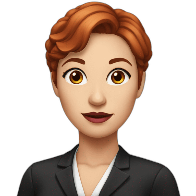 Female lawyer with cateye eyeliner ,brown eyes, plumped pink mouth and slightly red hair emoji