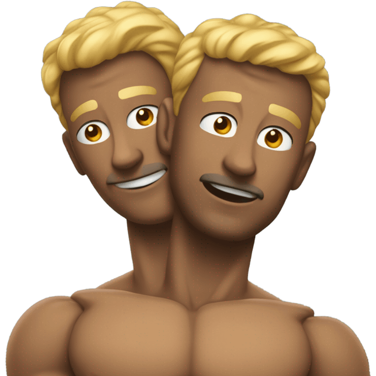 Two men with muscly legs hugging and kissing emoji