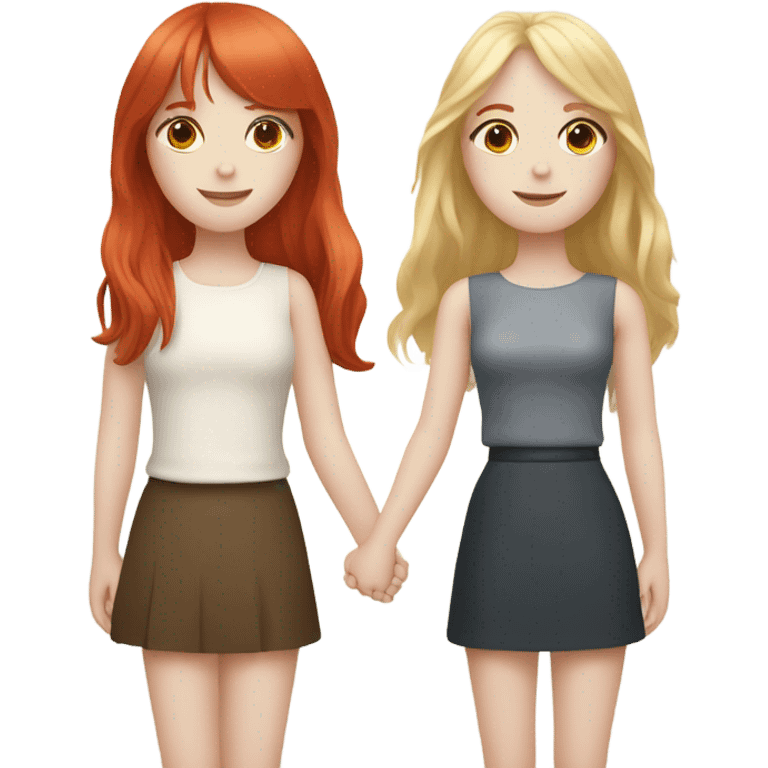 Pale skin Red head girl and pale skin blonde girl with bangs best friends holding hands emoji