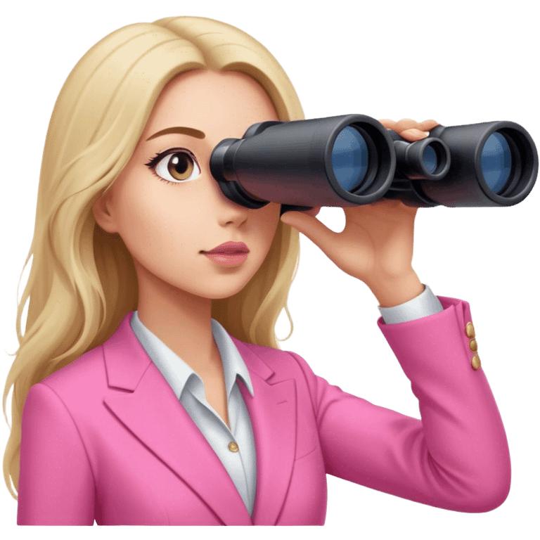 futuristic-looking woman with long hair in an intensive color pink suit looking through binocular, viewed from an angled perspective. do not make bincoular with more than 2 eyes emoji