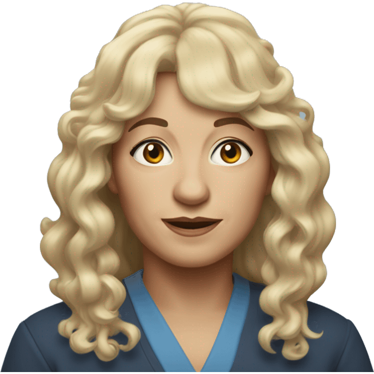 widow with blonde, shoulder length curly hair with bangs all across forehead, blue eyes,  60 years old, 180 pounds emoji