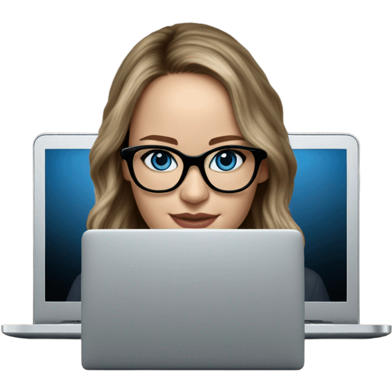 Hyper Realistic Photo of Brunette Jennifer Lawrence wearing black glasses and blue eyes  on a laptop  emoji