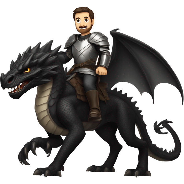 Confident armored White Man with dark brown hair and a short beard riding on the back of a giant black dragon emoji