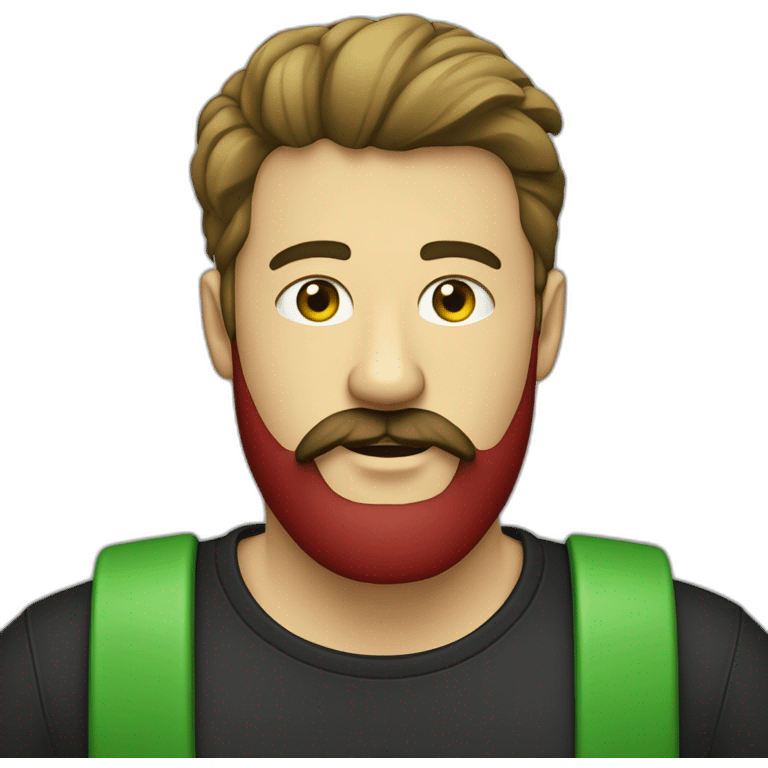 Homme avec barbe coûte et une calvitie  noir très cours avec un t-shirt rouge et un rectangle jaune et vert dessus emoji