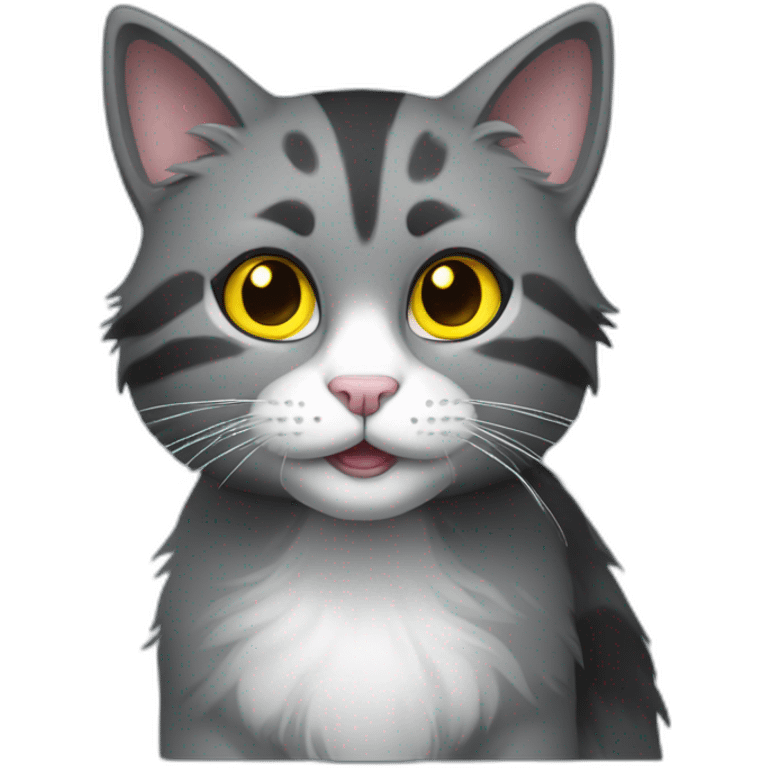 gray and black medium furry cat with yellow eyes looking happy emoji