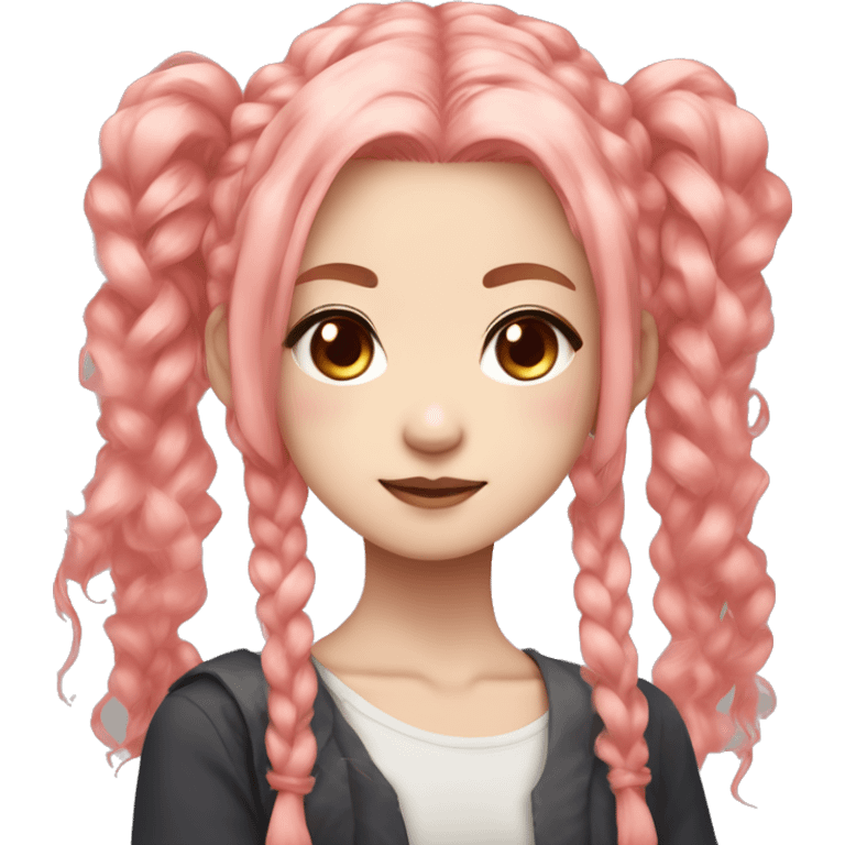 Idol Japanese girl with reddish-pink eyes and long, messy coral pink hair that falls below her shoulder blades, with two clumps of hair tied into small loose pigtails near the top emoji