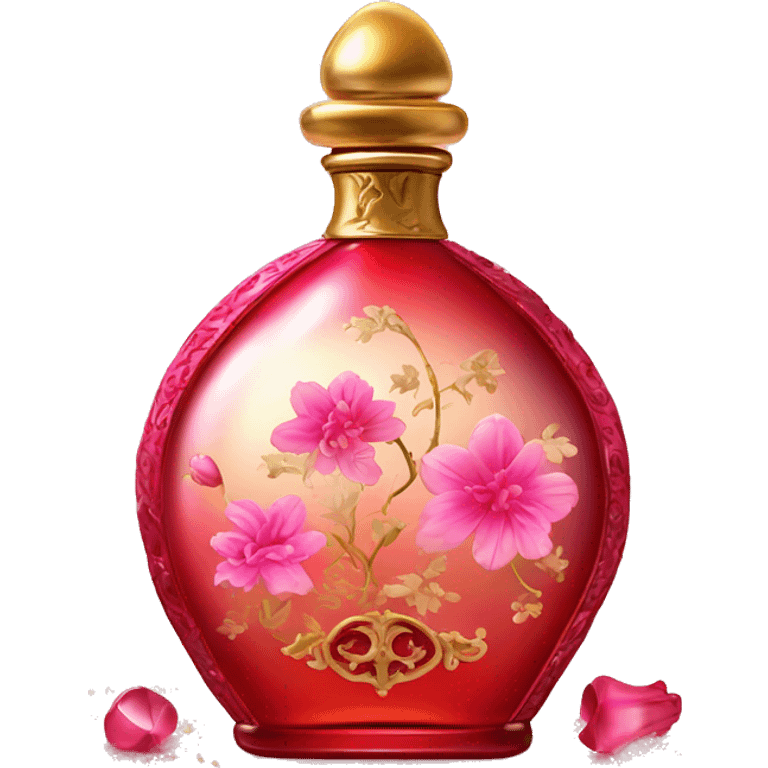 An antique perfume gradient red and pink bottle in oriental style, oil perfumes inside, sequins and flowers flying around emoji