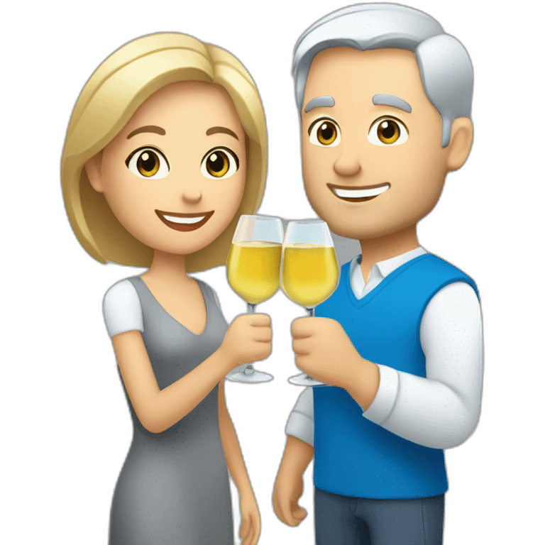 caucasian woman with brown eyes and blond short hair and a caucasian man with blue eyes and grey hair, toasting with a glass of white wine emoji