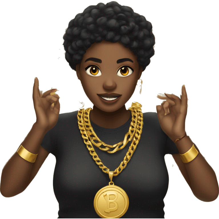 Black girl with black hair and a jersey shirt, chunky gold earrings, a lot of gold necklaces, her hands up showing her gold bracelets emoji