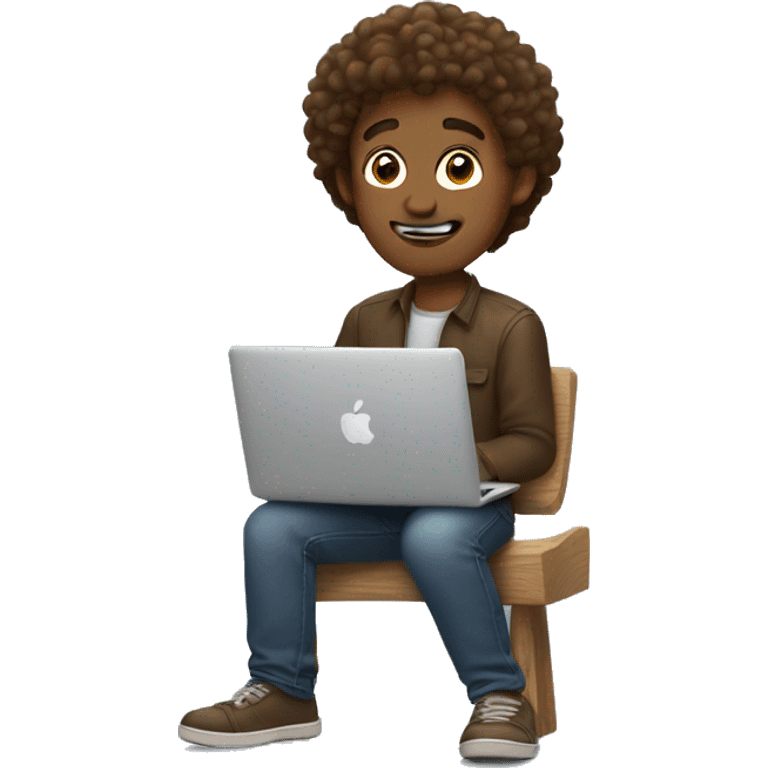 Guy with brown cirly hair sitting with macbook emoji