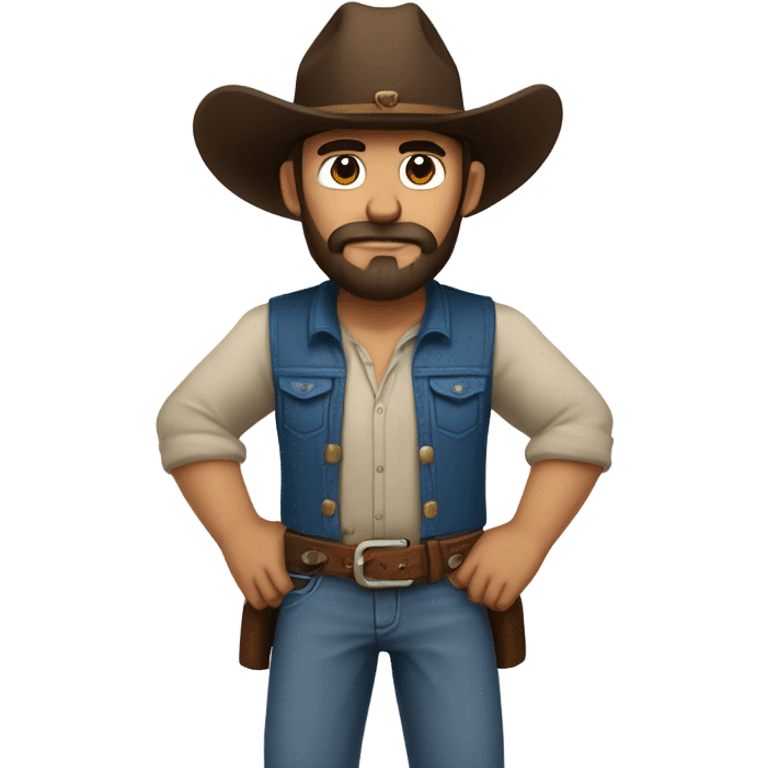 a rugged cowboy with a thick beard, wearing a blue vest over a classic western shirt and a brown belt with a silver buckle. He should have a confident stance, showing full torso emoji