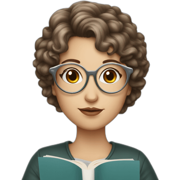 white girl with round silver glasses and really short brown curly hair reading a book emoji