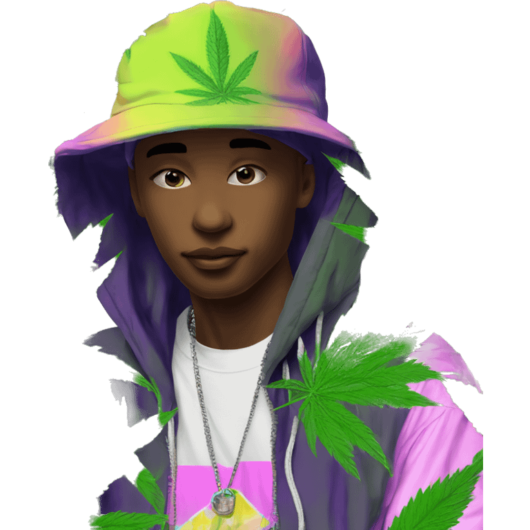 Hemp leaves Multicoloured neon person smoking wearing hoodie dancing hip hop bucket hat tropical Skater fashion aesthetic baggy clothes graphic t shirt 420 emoji