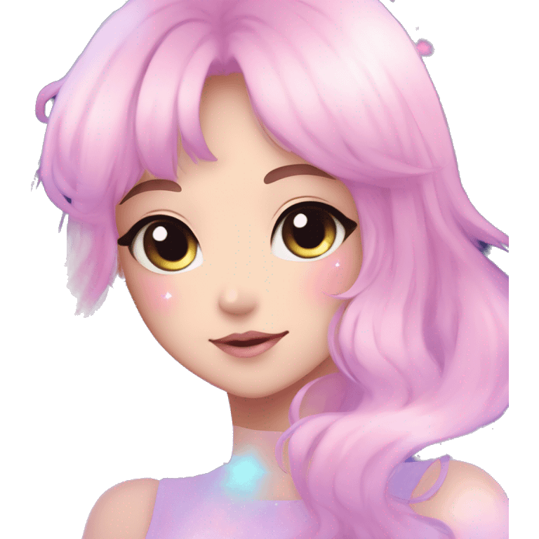 Gorgeous pastel anime style lady blushing nebula gradient sparkle face dreamy idol model colorful shiny stars galaxy kawaii cottagecore pearly petite simplistic aesthetic trending style emoji