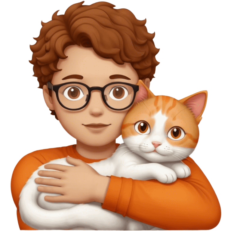 Boy with curl brown hair and glasses hugs white and orange cat emoji