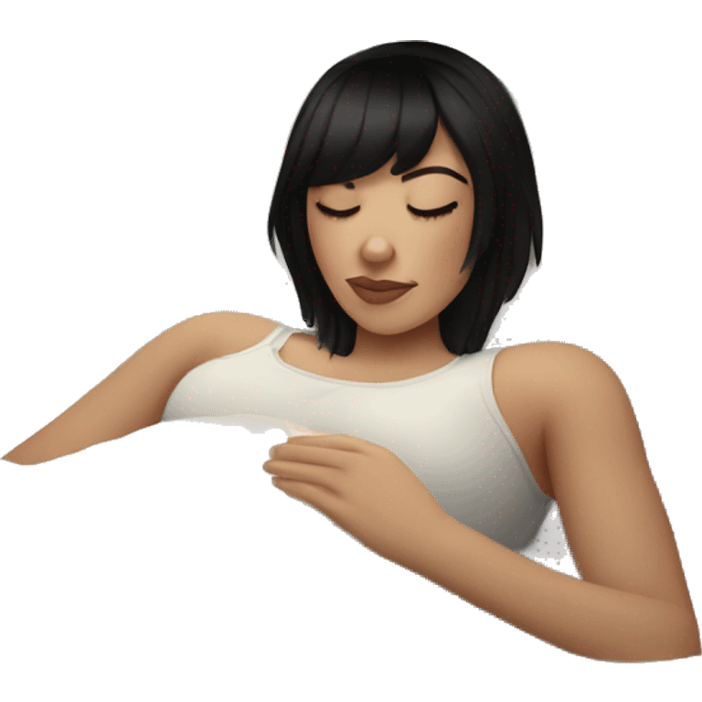 Woman pale skin black hair with bangs sleeping in bed with pillow, white woman emoji