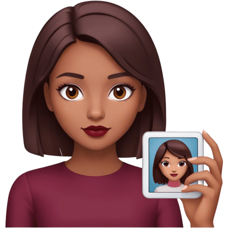 A brunette girl with a square hairstyle , selfie burgundy emoji