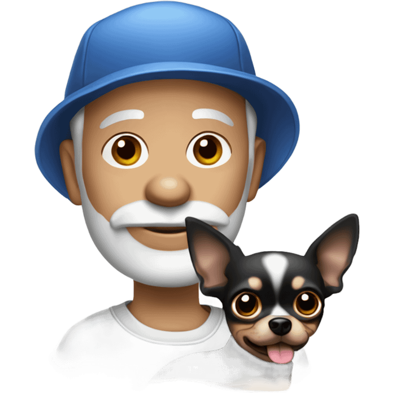 Old man with blue eyes and gray goatee in ball cap holding black long haired chihuahua  emoji