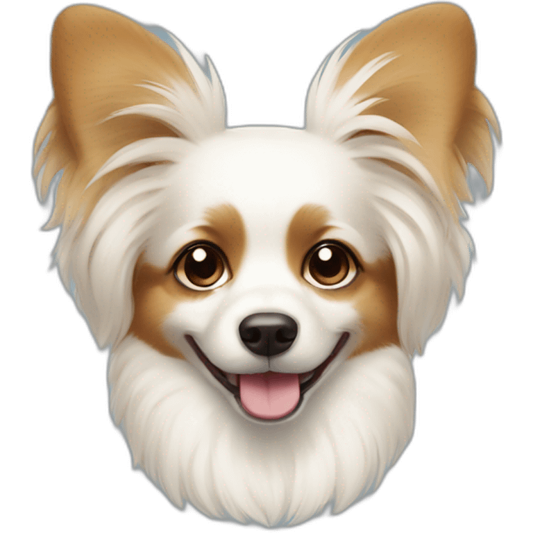 papillon dog white short hair with light brown ears smiling wearing a daisy charm collar emoji