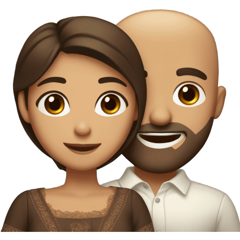 Brown-haired Puerto Rican woman with dark brown eyes wearing a cute blouse giving a comforting hug to a short, bald man with brown eyes, laugh lines, and a beard emoji