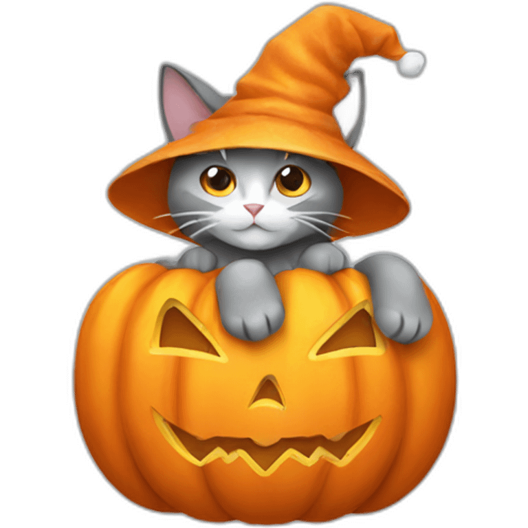 Grey cat with white spots wearing a pumpkin hat emoji