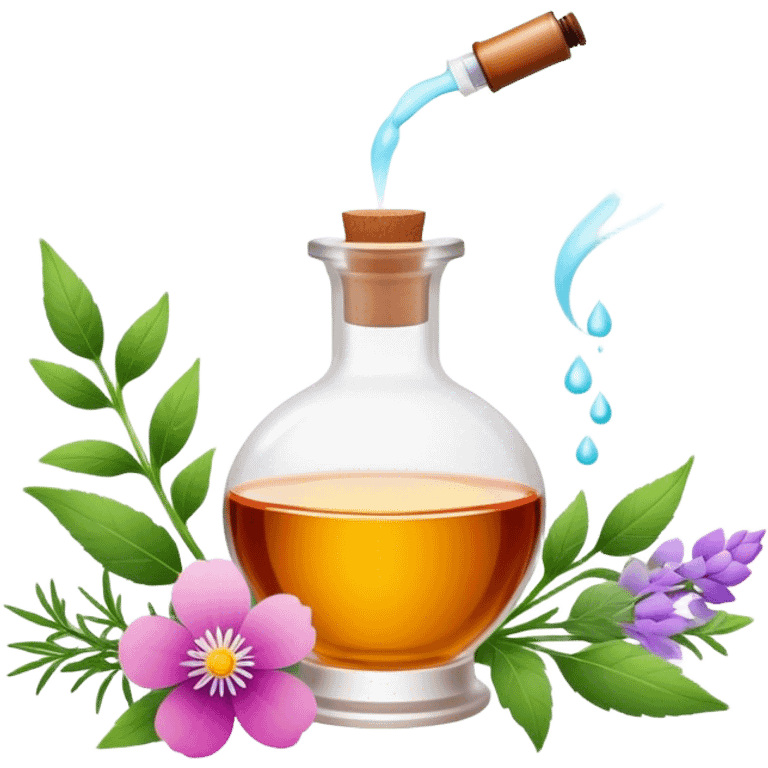 Perfume making icon, delicate glass bottle being filled with colorful essential oils from droppers, swirling mist rising from the bottle, flowers and herbs nearby, minimalistic style, clean lines, transparent background. emoji