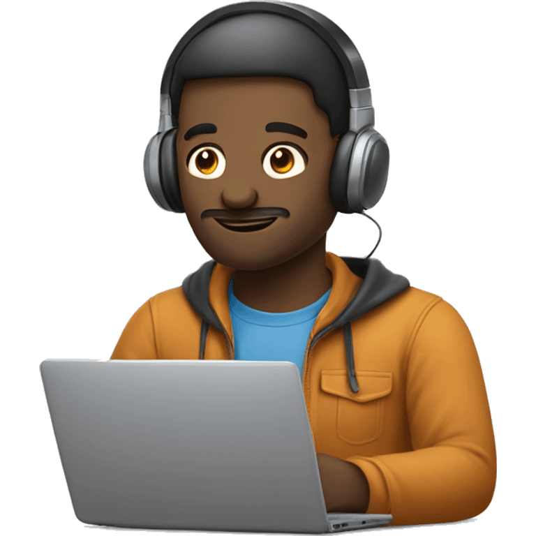 man in headphones talking hold laptop and phone only upper part of body  emoji