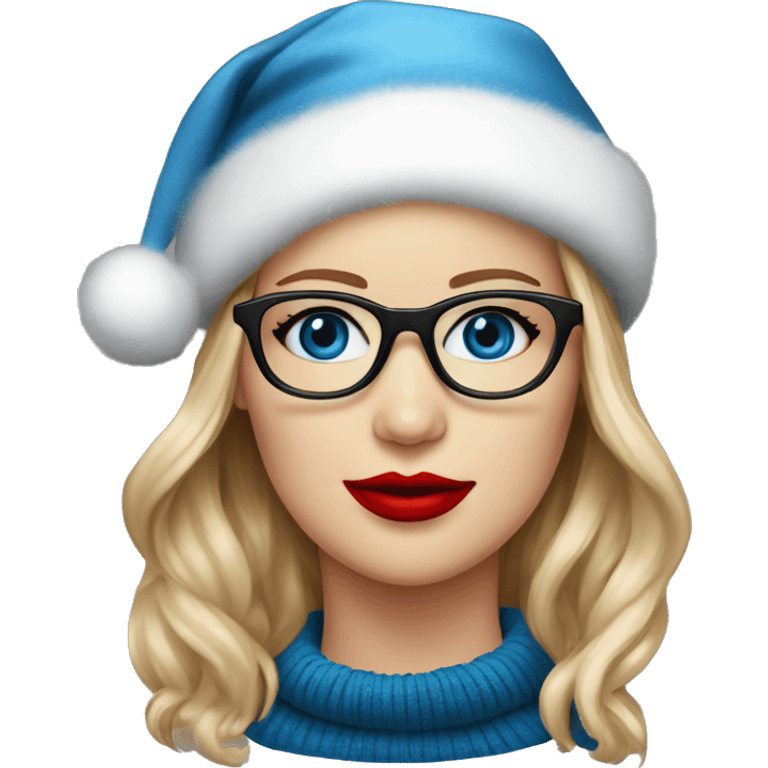 Realistic Jennifer Lawrence,  black glasses, blue eyes with red lipstick and Christmas hat  emoji