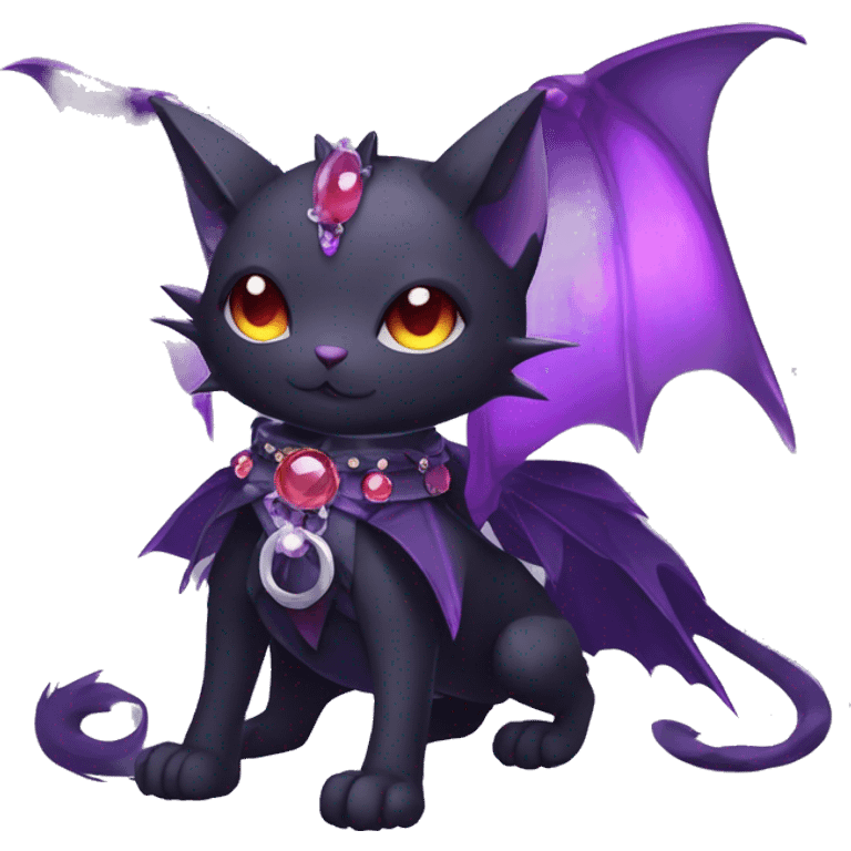 cool kawaii black purple red ethereal fantasy beautiful elegant nargacuga-bat-cat-Fakemon wearing legs spats a collar harness with jewelries full body emoji