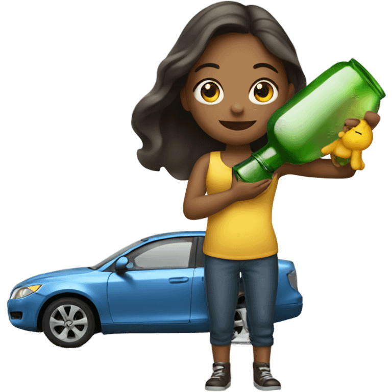 girl with big bottle in hand and car emoji