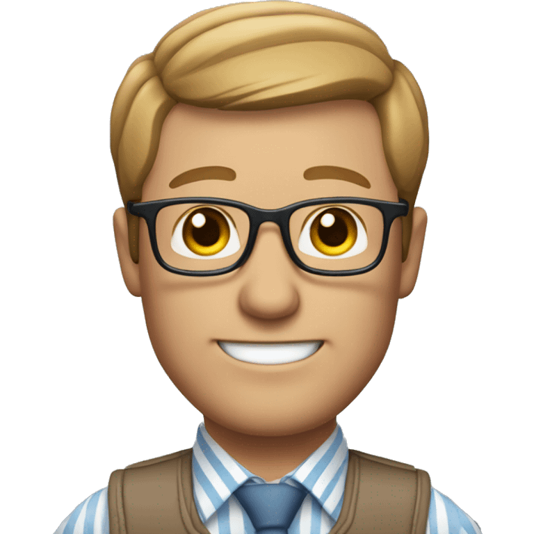 A Memoji-style avatar of a middle-aged man with glasses, short light brown hair, and a friendly expression. The avatar should be wearing a light blue striped shirt with a grey patterned tie, against a white background. emoji