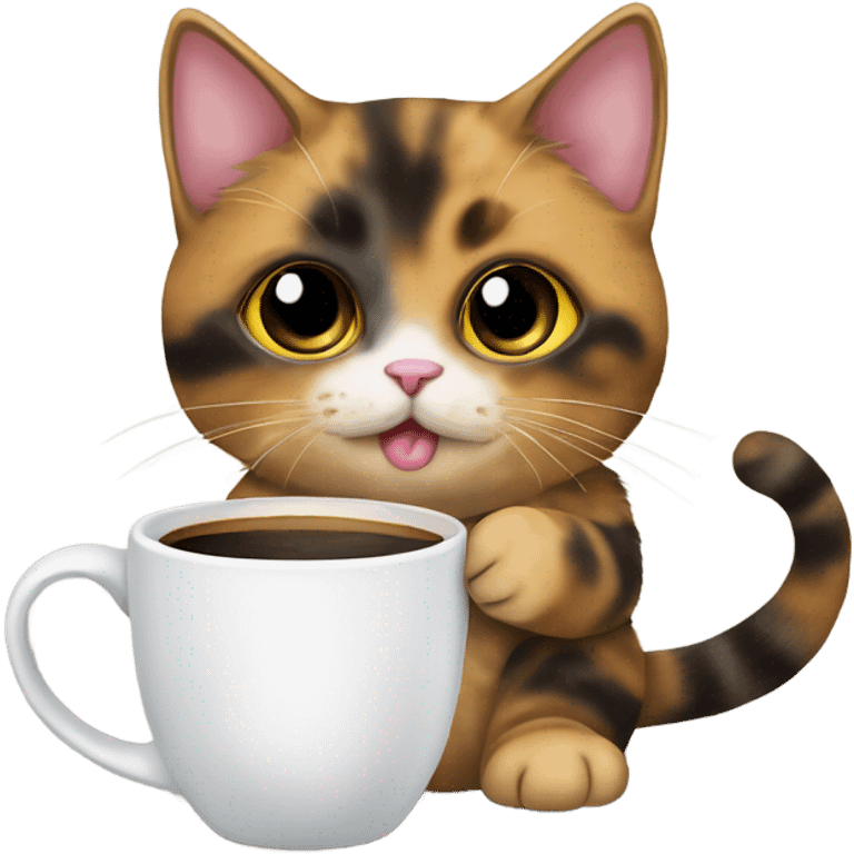 Tortie munchkin cat sitting with a coffee mug in hand emoji