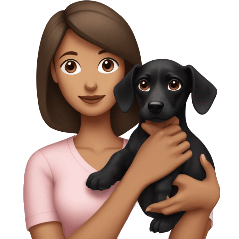 a brunette woman in a light pink shirt, with light skin, holding black dachshund puppy in her arms emoji