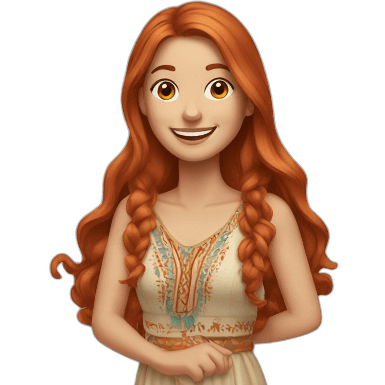 long hair redhead woman, smiling, wearing boho dress emoji