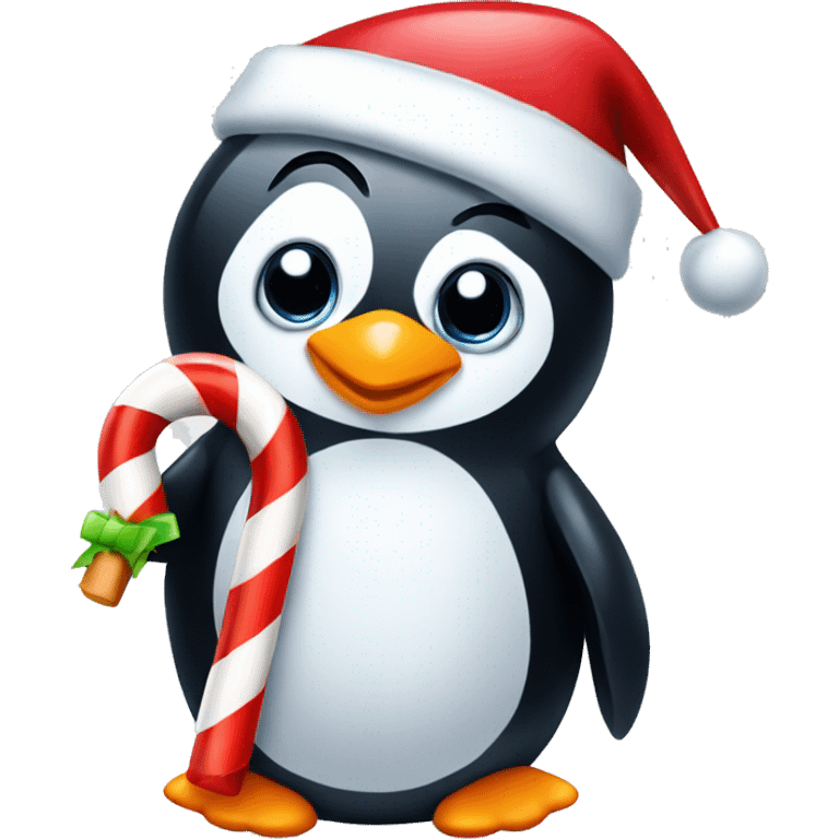 A penguin with a candy cane and christmas hat emoji