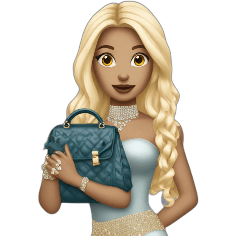 glam rich girl with diamonds on her handbag with blonde long hairwhite skin emoji