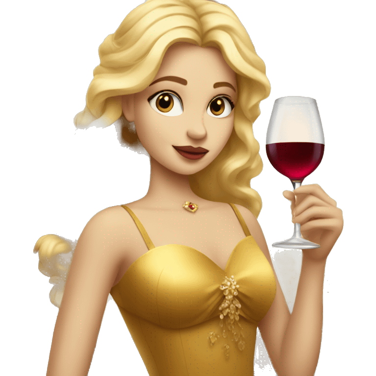 beautiful blond princess in a golden dress drinking wine emoji