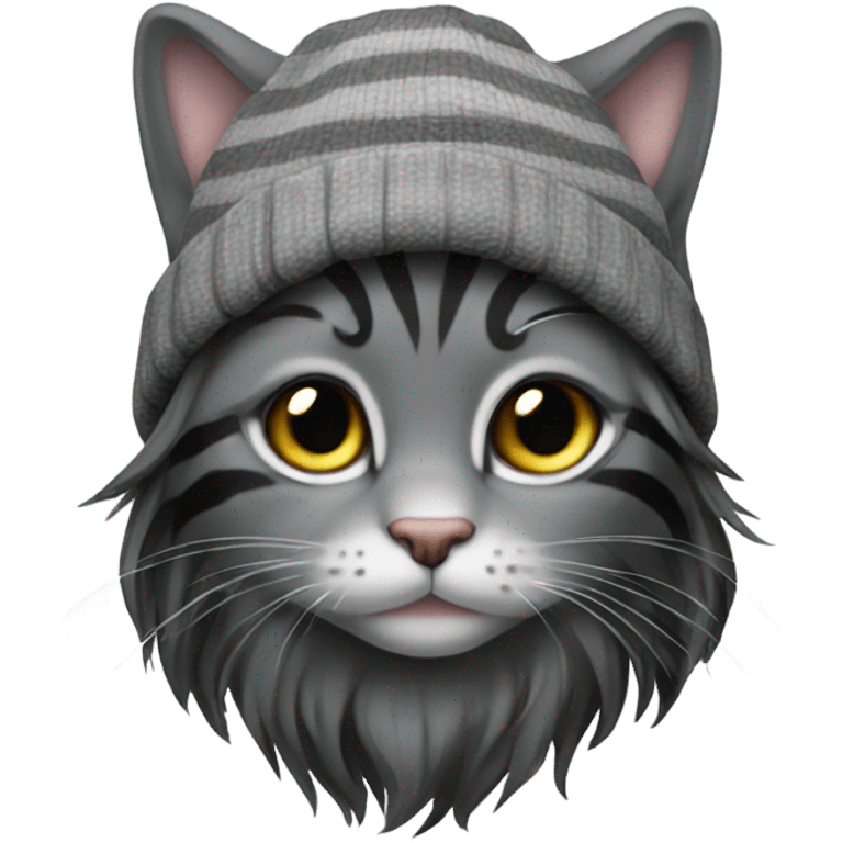 Gray and Black long hair stripe Cat wearing beanie emoji