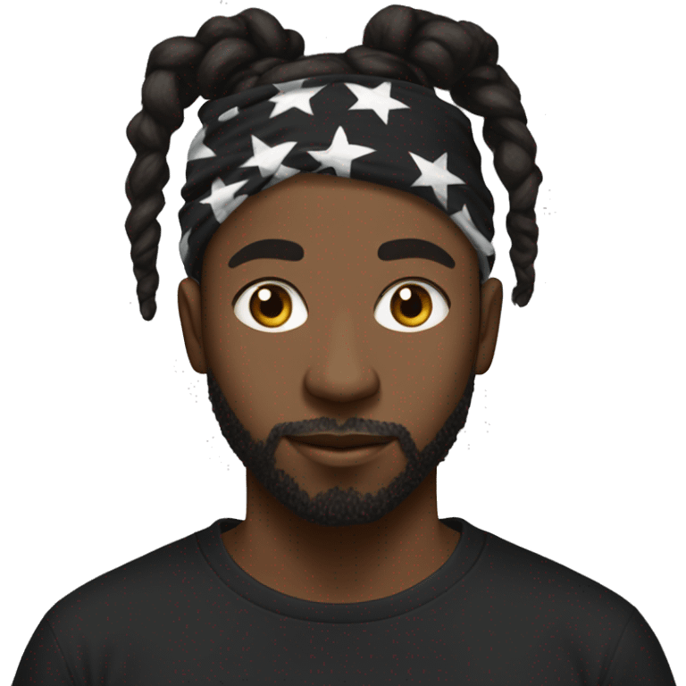 Black man with a dreadlock bun with a under cut with a white and black bandana on his head with black t shirt with no beard emoji