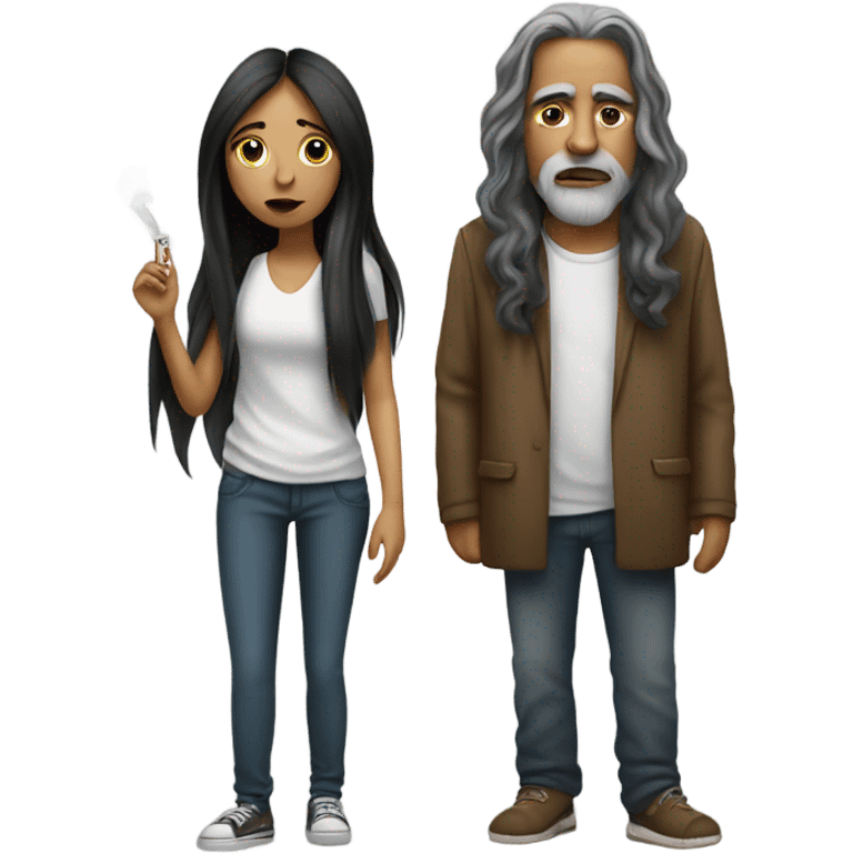 mexican girl with long hair smoking a cigarette with a white homeless man  emoji