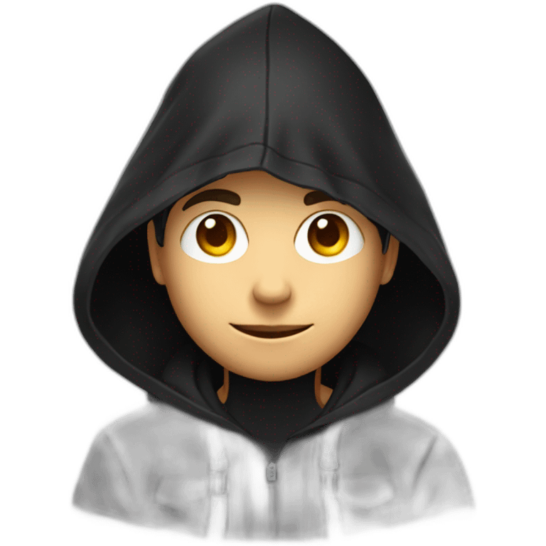 Young gamer with a black hood behind his computer emoji