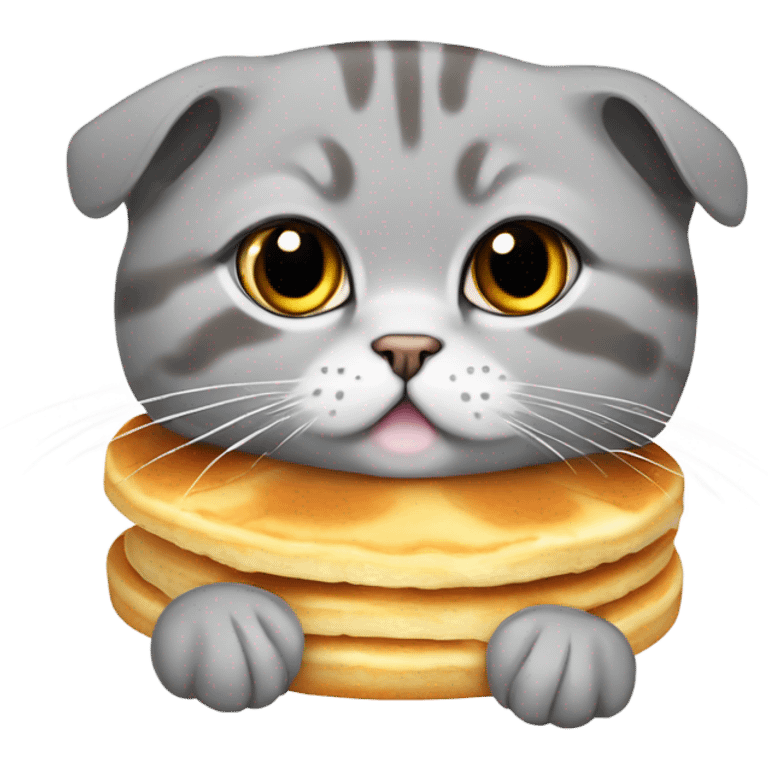 a grey scottish fold cat with a pancake on its head emoji