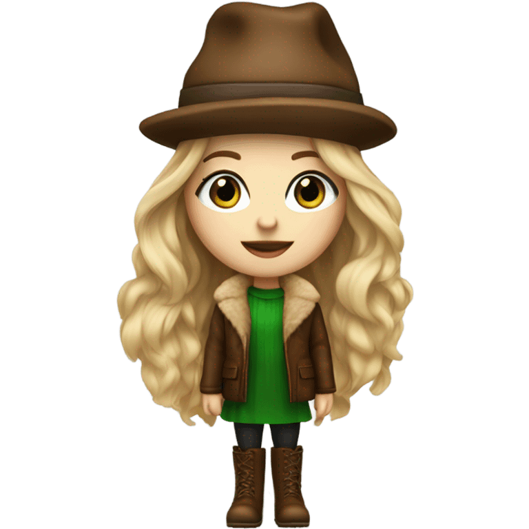 Realistic White girl with Long straight blonde hair, green eyes, tattoos, full body wearing Brown fur coat and fur hat and Brown leather boots emoji