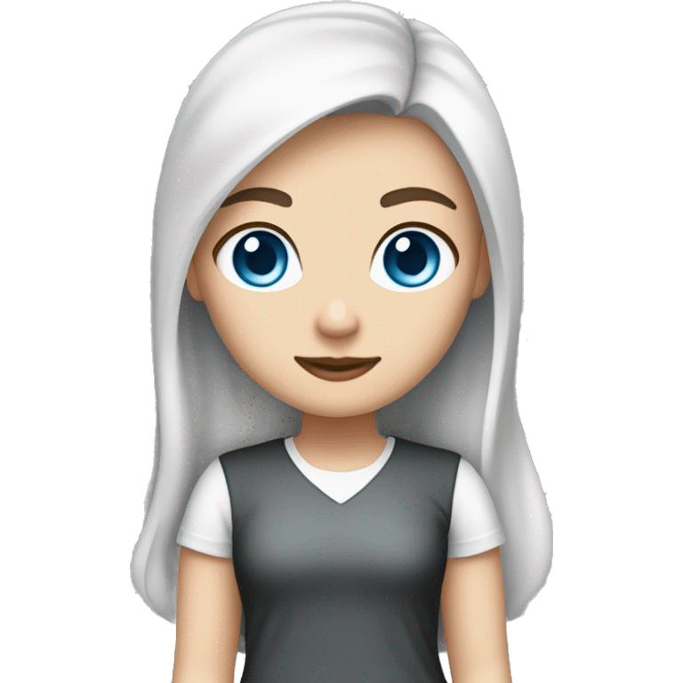 A girl with fair skin, blue eyes, long black hair and a white T-shirt with a cutout emoji