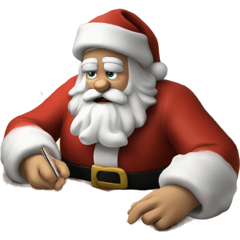 European Santa Claus is sitting on a desk, writing something down on a sheet of paper, solving complicated math puzzles emoji