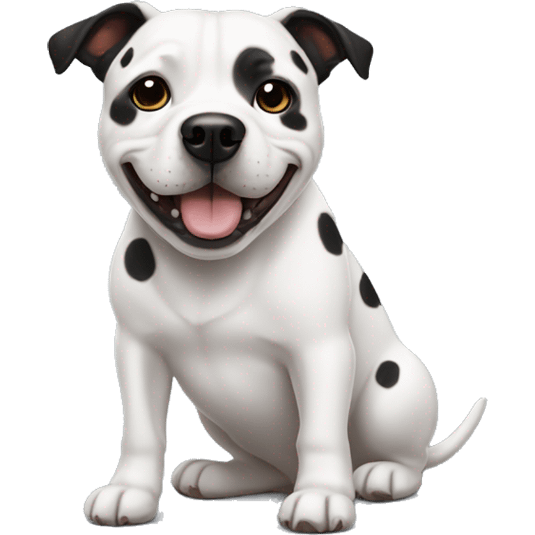 staffy dog with black ears, white face and has spots on his mane. it has its tongue poking out and is enjoying life  emoji