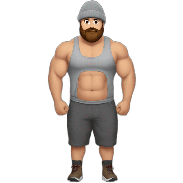 Fat Muscle builder in grey sweats no shirt brown and brown beard Red winter hat drinking emoji